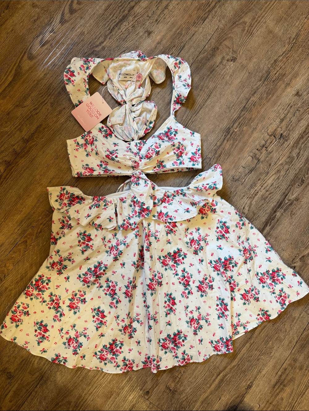 Hello Molly Cream Floral Tie-Front Crop Top & Skirt Set - Picture 6 of 7